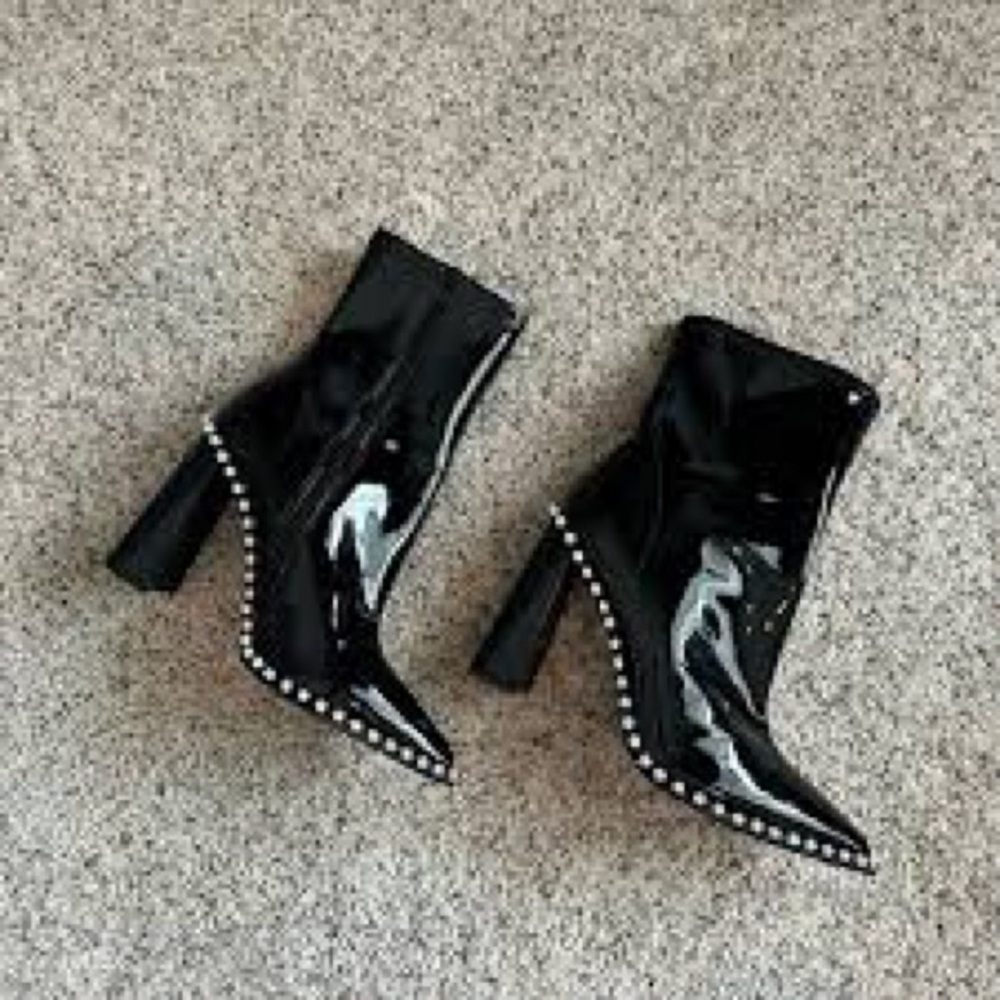 Black Patent Leather Ankle Boots with Studded Detail